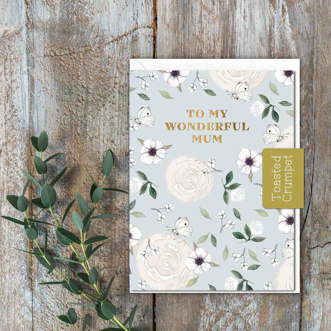To My Wonderful Mum (White Butterflies & Flowers Blue) Card (Cello-Free)