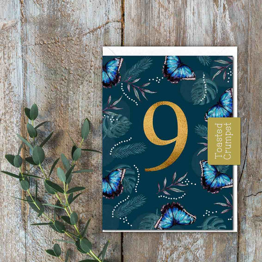 "Nine" Birthday Milestone (Blue Morpho Butterflies) Card (Cello-Free)