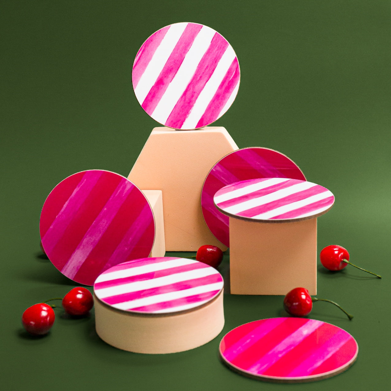 NEW! Raspberry & Cherry (Stripes) Round Coaster