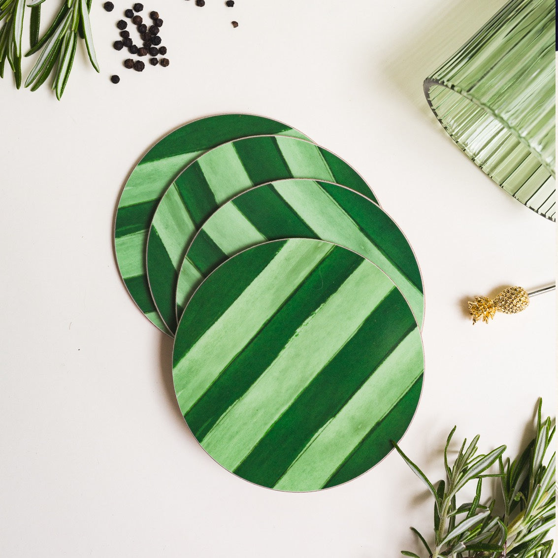 NEW! Fern & Moss Green (Stripes) Round Coaster