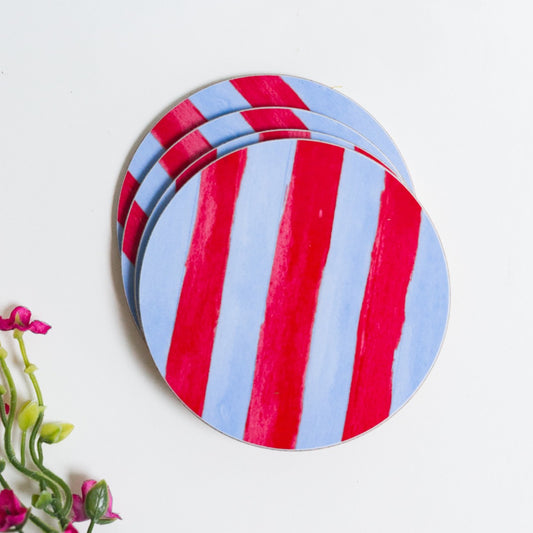 NEW! Sky Blue & Coral (Stripes) Round Coaster