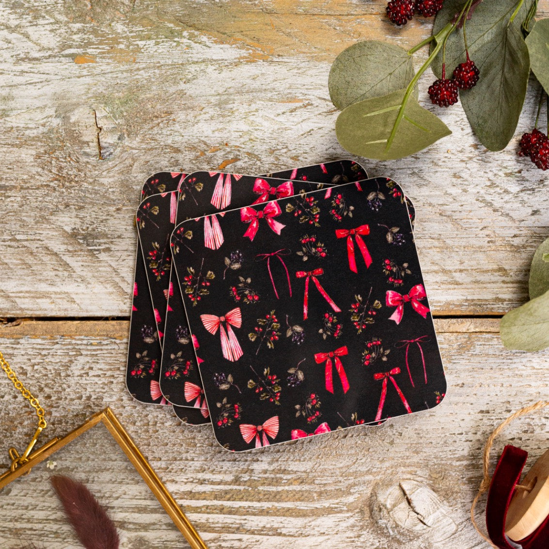 Bows & Berries (Noir) Set of 4 Coasters (available for dispatch from August 2025)