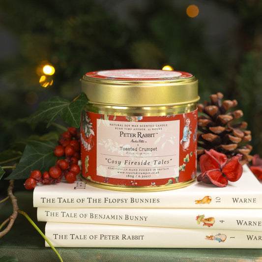 Peter Rabbit & Friends "Cosy Fireside Tales" Candle in a Matt Gold Tin