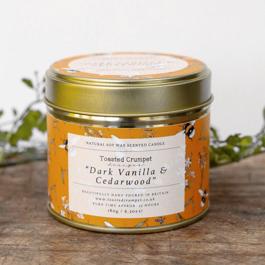 Dark Vanilla & Cedarwood Candle in a Matt Gold Tin