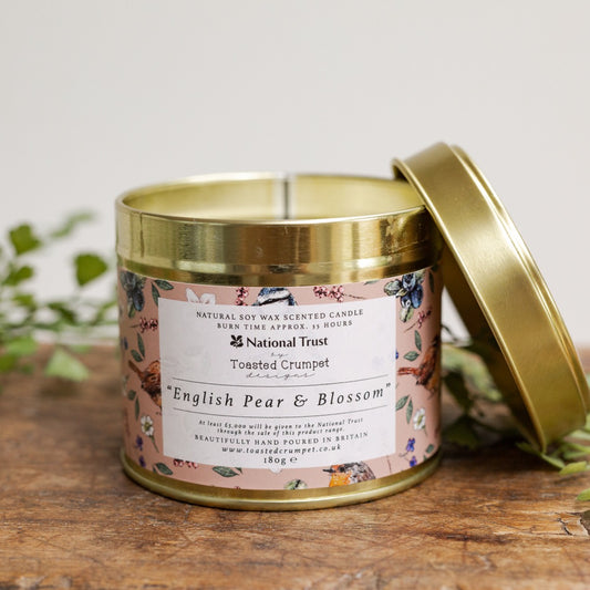 English Pear & Blossom Candle in a Matt Gold Tin