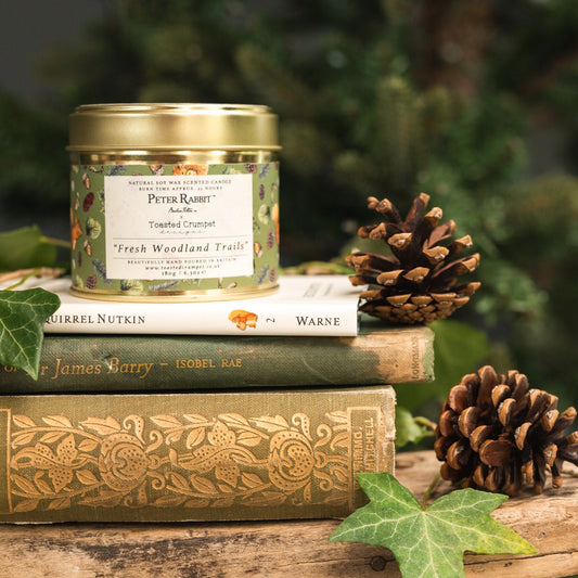 Squirrel Nutkin "Fresh Woodland Trails" Candle in a Matt Gold Tin