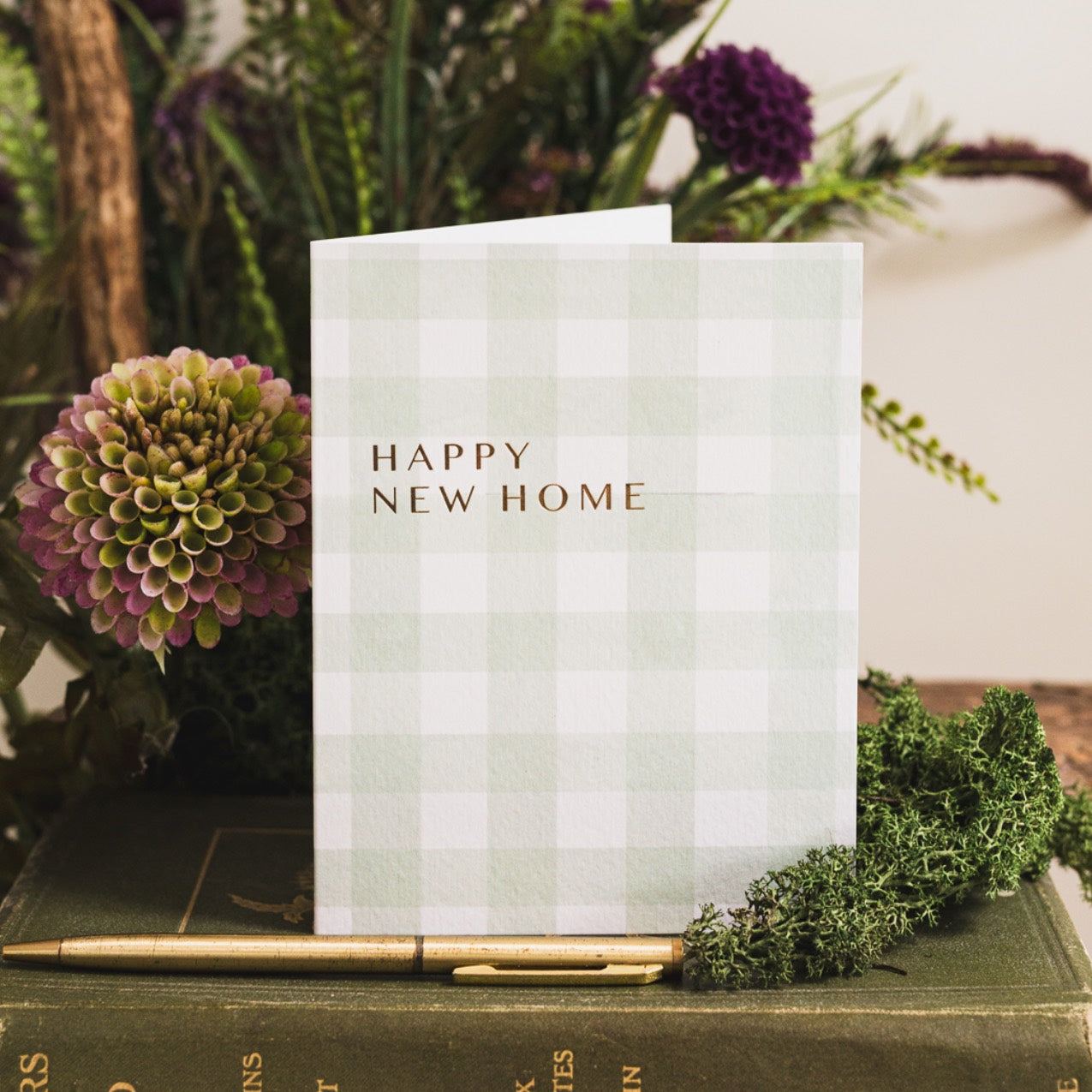 NEW! Happy New Home (Olive & White Check) Card (Cello-Free)