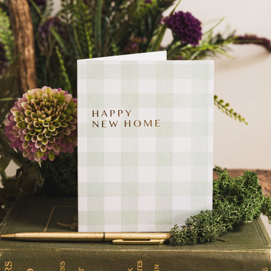 NEW! Happy New Home (Olive & White Check) Card (Cello-Free)