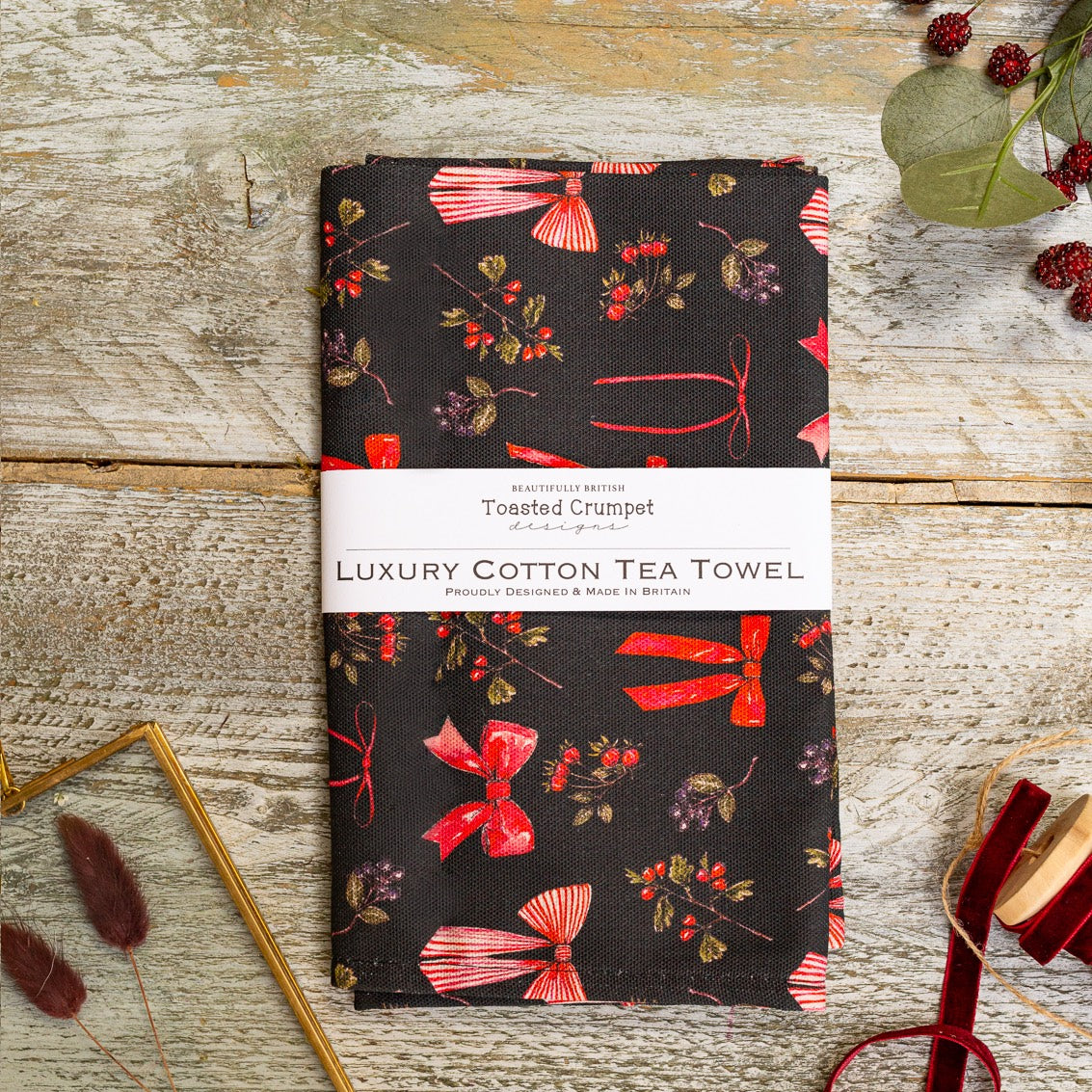 Bows & Berries (Noir) Tea Towel (available for dispatch from August 2025)