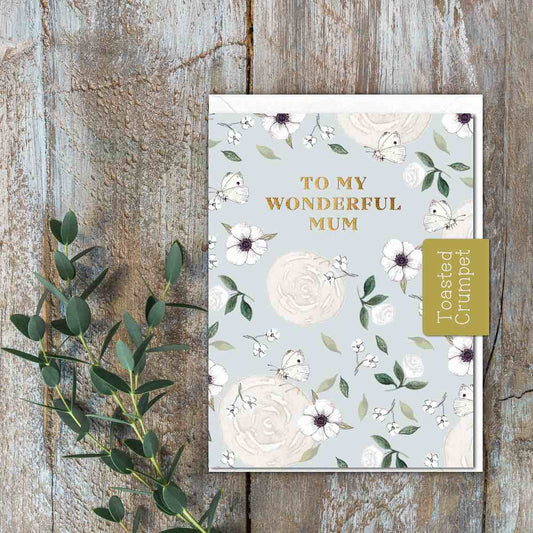 To My Wonderful Mum (White Butterflies & Flowers Blue) Card (Cello-Free)