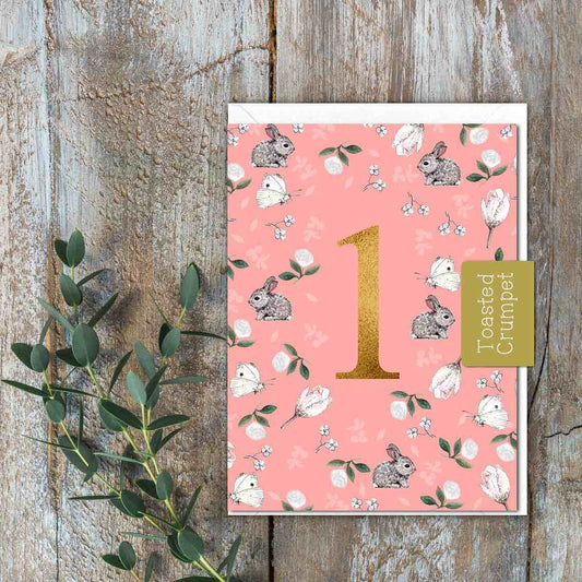 "One" Birthday Milestone (Pink Bunnies & Butterflies) Card (Cello-Free)