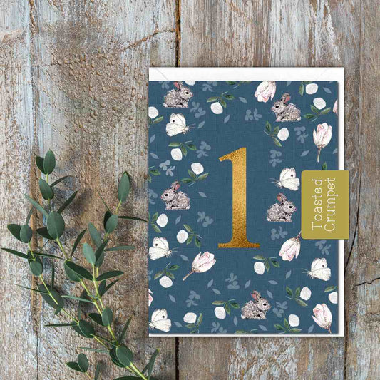"One" Birthday Milestone (Blue Bunnies) Card (Cello-Free)