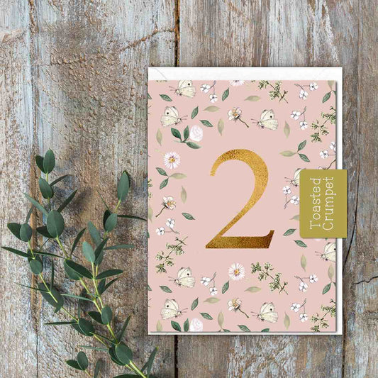 "Two" Birthday Milestone (Butterflies on Dusty Pink) Card (Cello-Free)