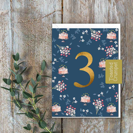 "Three" Birthday Milestone (Cake & Flowers) Card (Cello-Free)