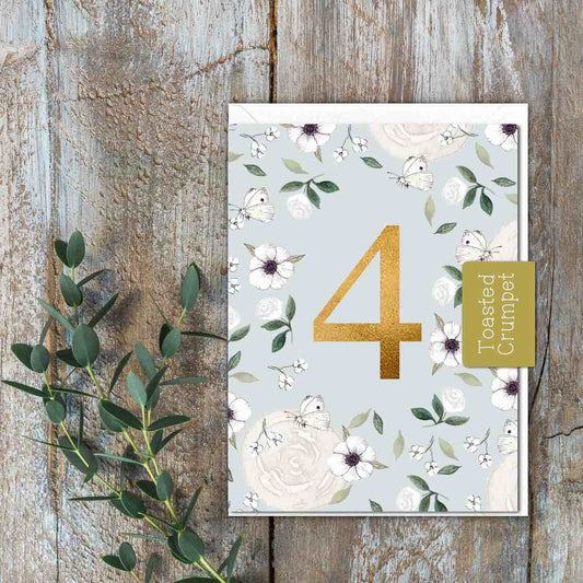 "Four" Birthday Milestone (White Butterflies & Flowers on Blue) Card (Cello-Free)