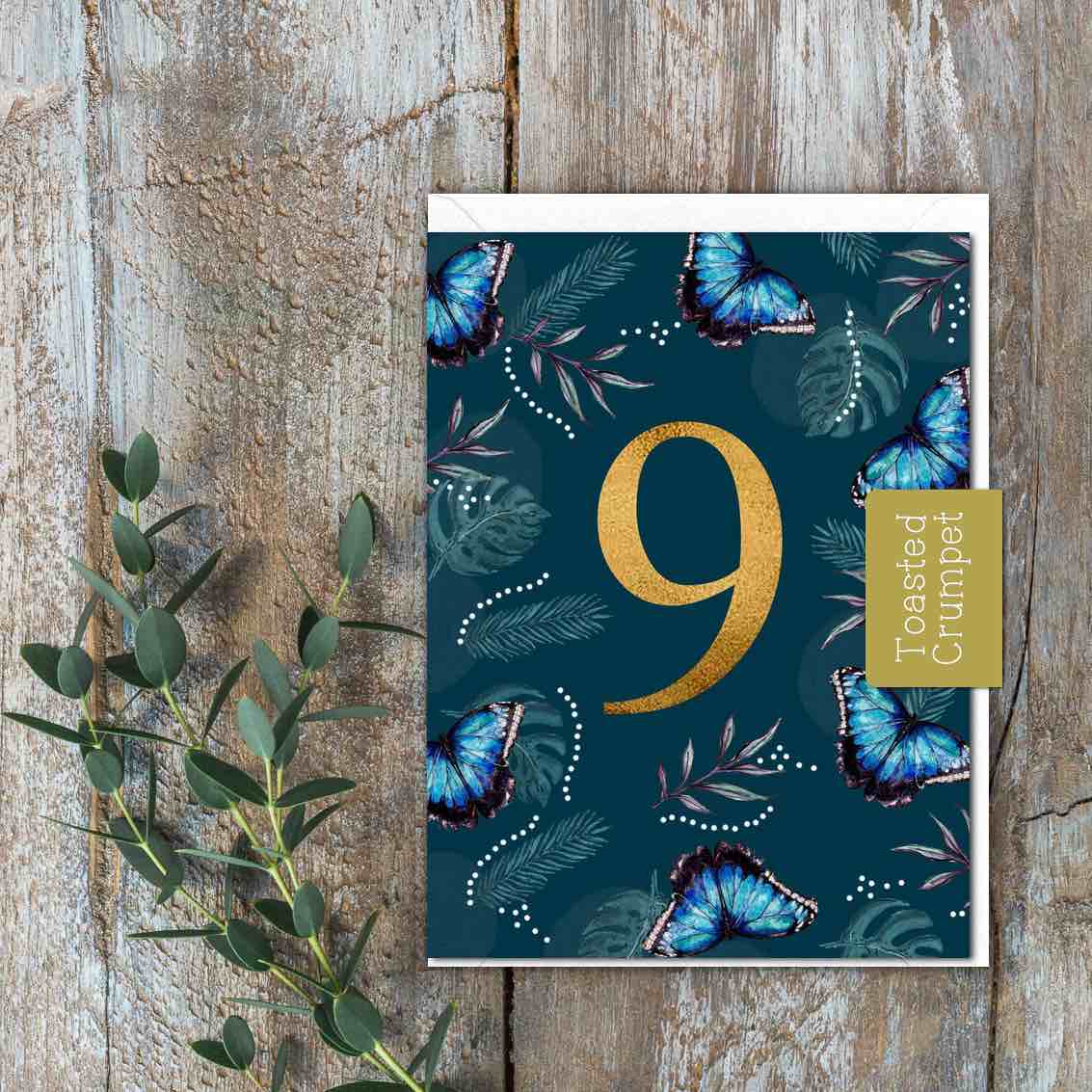 "Nine" Birthday Milestone (Blue Morpho Butterflies) Card (Cello-Free)