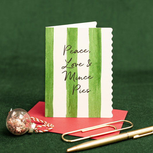 NEW! Peace, Love & Mince Pies (Stripes) Card (Cello-Free) (available for dispatch from August 2026)