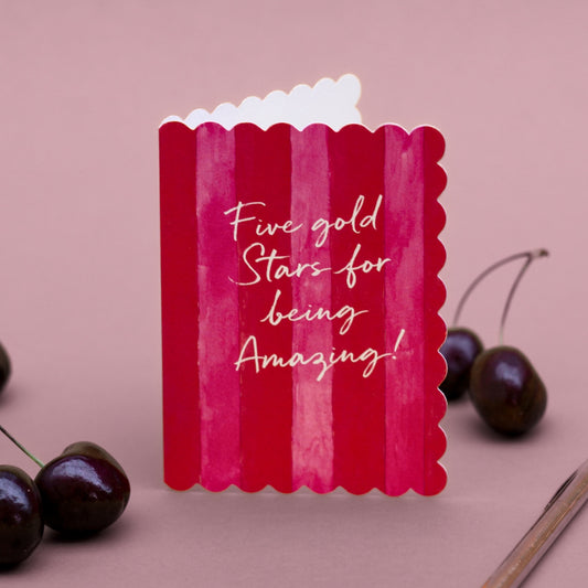 NEW! Five Gold Stars (Raspberry & Cherry Stripes) Card (Cello-Free)