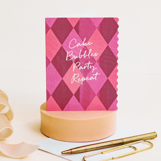 NEW! Cake, Bubbles, Party (Harlequin) Card (Cello-Free)