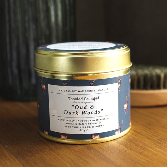 Dark Woods & Oud Candle in a Matt Gold Tin