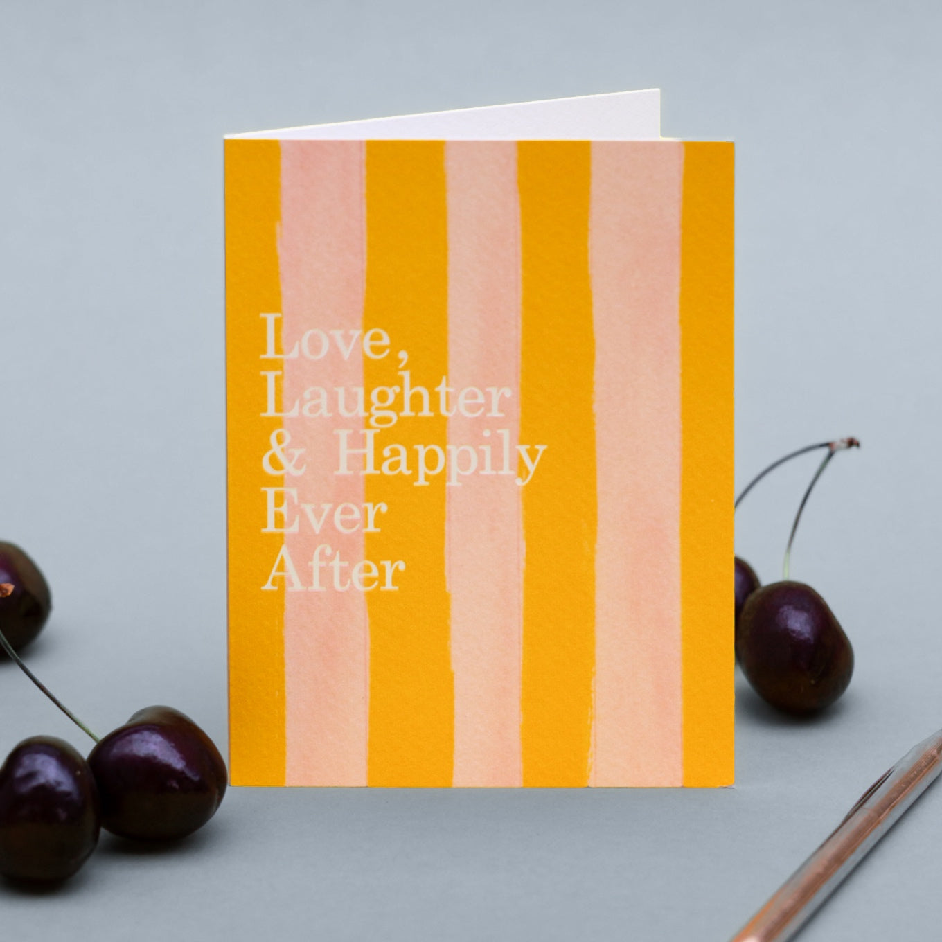 NEW! Love, Laughter & Happily Ever After (Lemon & Peach Stripes) Card (Cello-Free)