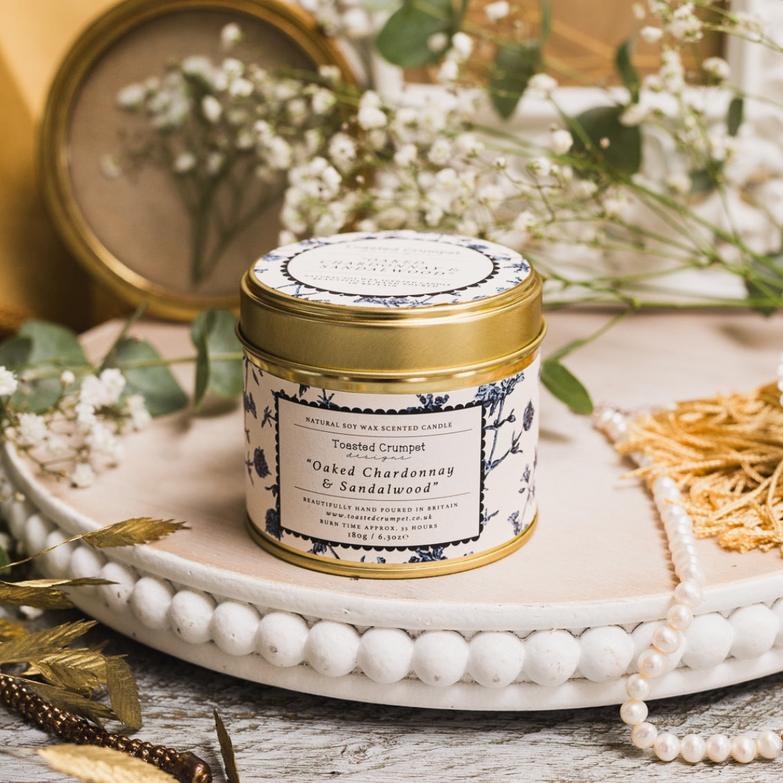 NEW! Oaked Chardonnay & Sandalwood Candle in a Matt Gold Tin