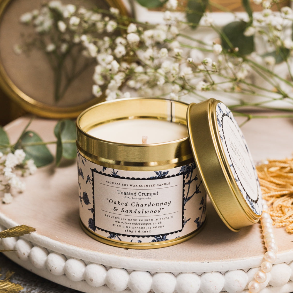 NEW! Oaked Chardonnay & Sandalwood Candle in a Matt Gold Tin