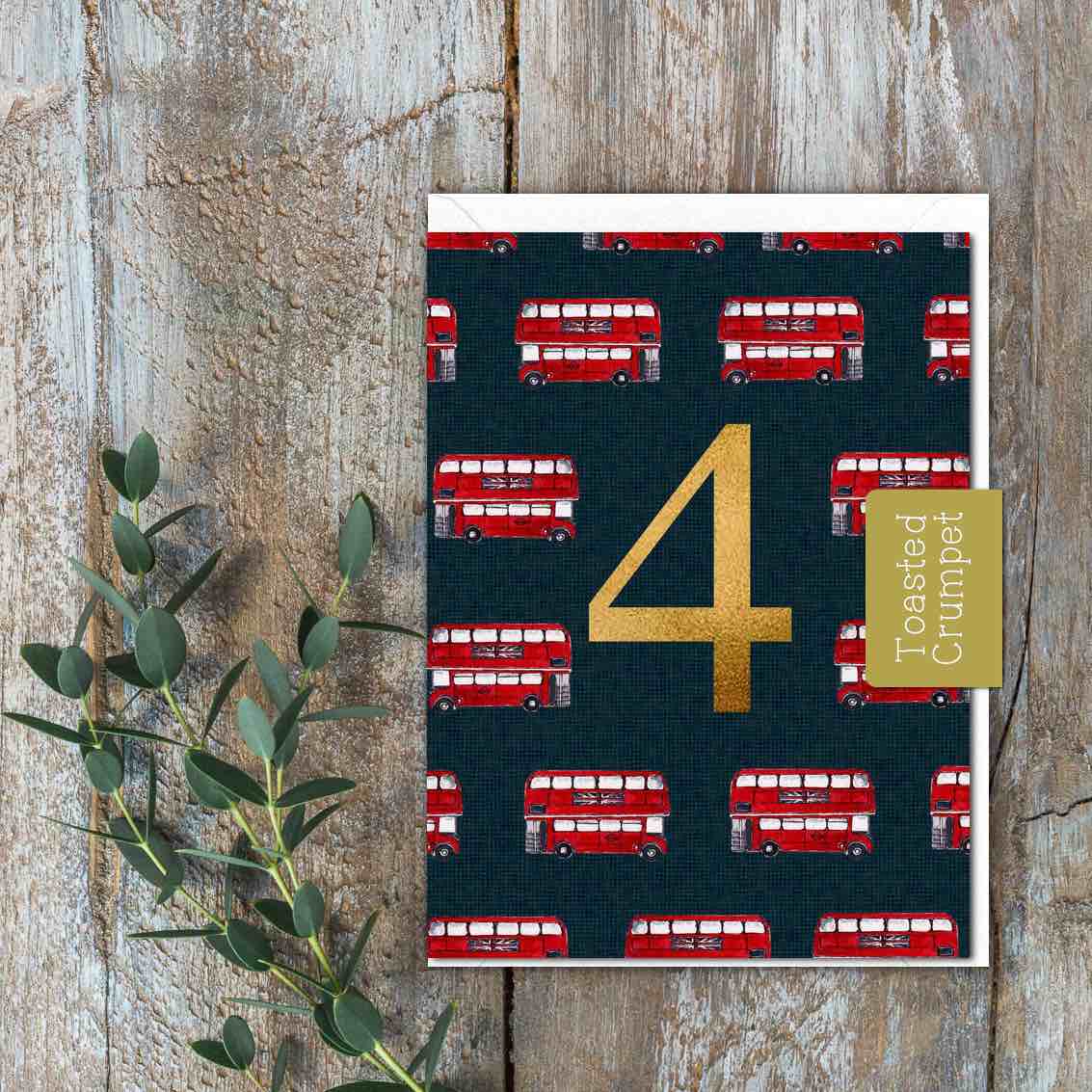 "Four" Birthday Milestone (Buses) Card (Cello-Free)